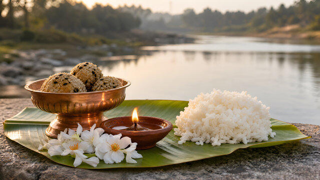 Traditional Hindu Pitru Paksha Ritual Offering Arranged Beside A River