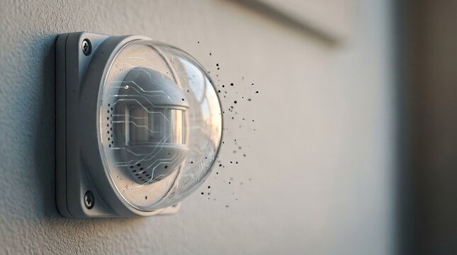 Modern Outdoor Smart Security Sensor and Motion Detector with AI Technology Circuit Graphic Overlay Mounted on Wall for Home Protection and Wireless Surveillance System