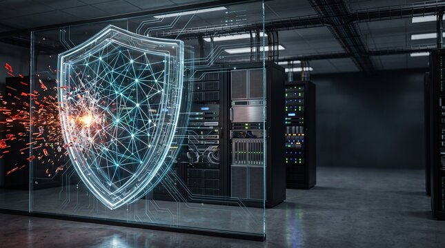Glowing Cybersecurity Shield Deflecting Cyber Attack with Sparks in Modern Data Center Server Room, Representing Cloud Firewall Protection and IT Network Defense Architecture