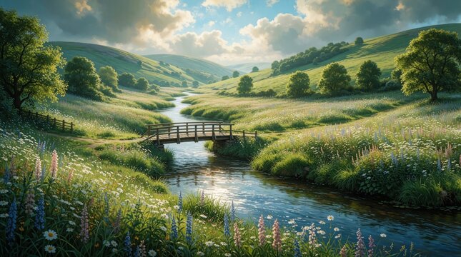 A winding river flows through a green valley under a cloudy sky. Wildflowers grow along the river banks beside a wooden footbridge. Rolling hills and trees form the background landscape.