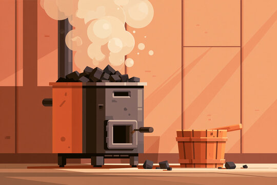 Cozy traditional sauna interior with hot stones and steam for relaxation