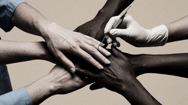 Diverse hands of different skin tones connect in group. Medical pro in white glove uses surgical tool on person skin. Concept of healthcare, dermatology, skin care treatment, unity among people in