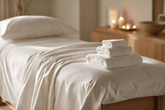 Clean White Towels Stacked on a Spa Massage Bed