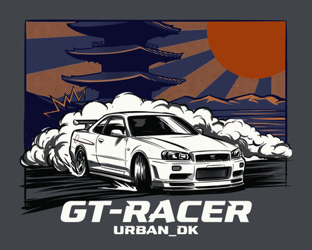 Japanese drifting sports car vector. JDM urban racing culture illustration. Retro automotive poster with pagoda and sun.