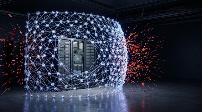 Data center server rack protected by glowing digital network mesh shield deflecting red cyber attack and malware threat, cloud database cybersecurity firewall and infrastructure defense concept
