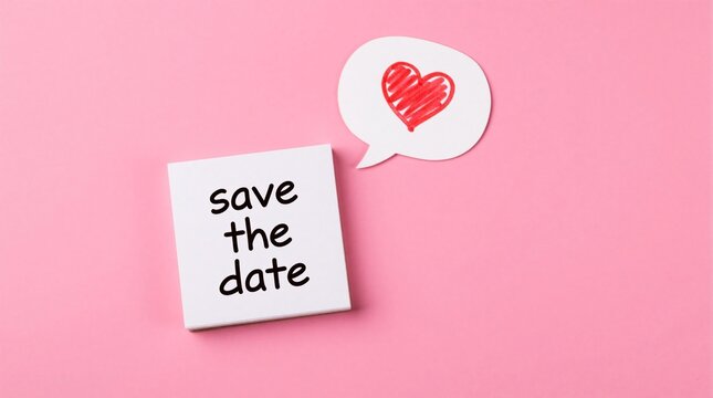 Note with save the date text and heart in speech bubble on pink background. Simple reminder for special event or wedding. Love announcement graphic.