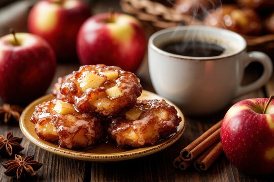 Glazed apple fritters stack on plate with hot black coffee. Fresh red apples, cinnamon sticks, star anise decorate rustic wooden table. Sweet breakfast dessert with sugar icing, fruit pieces served