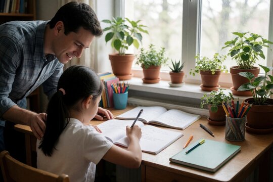 Father helps young daughter with school homework at home. Happy man teaches student girl at wooden desk near window with green plants. Child writes in notebook during private lesson extra study