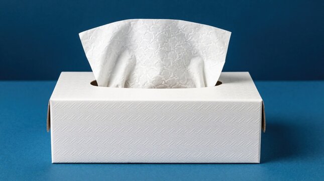 White tissue box sits on blue surface. Single tissue extends from opening. Essential item for colds, flu, allergies, and general hygiene needs.