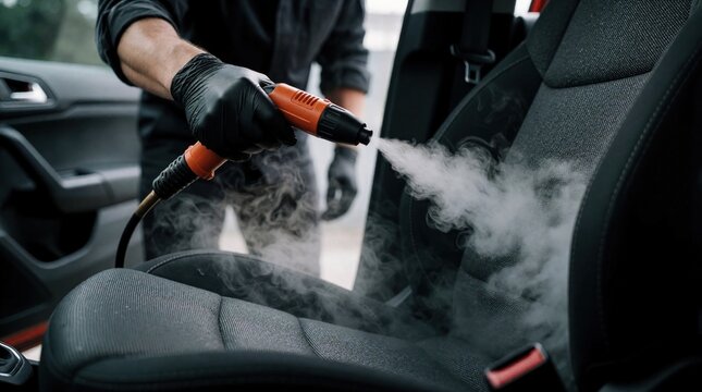 Person in gloves uses steam cleaner on car interior. Deep car wash and sanitization for germ elimination. Pro auto detailing service for safe travel.