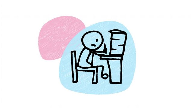 An animated hand-drawn businessman sitting at a desk overwhelmed by huge stacks of document papers. Ideal for heavy workload, corporate stress, deadline pressure, and administrative tasks. 