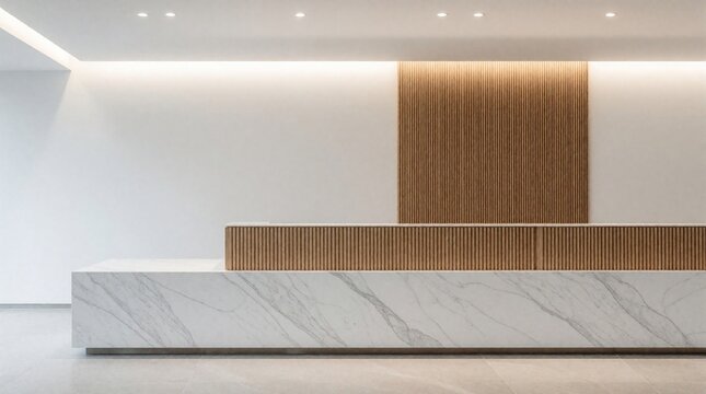 Minimalist reception area with sleek marble desk and warm wood paneling. Clean lines and soft lighting create a welcoming, modern office lobby entrance. Contemporary interior design features.