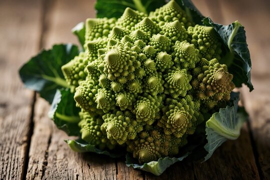 Close up of green Romanesco broccoli on rustic wooden table. Fresh vegetable shows unique fractal pattern, spiral shape. Organic food with large leaves sits on dark wood surface for healthy cooking,