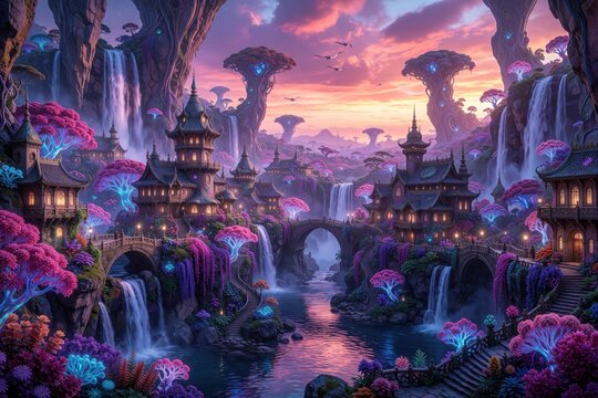 Fantasy village nestled among waterfalls and glowing flora at twilight. Ornate architecture sits by a river under a colorful sky with birds flying overhead.