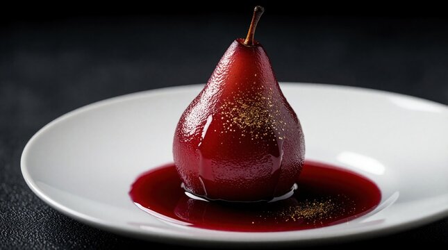 Red wine poached pear sits in rich sauce on white plate. Pear dessert sparkles with gold dust. Elegant fruit dish served in luxury restaurant for fine dining experience.