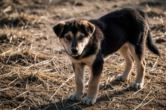 Sad stray puppy stands alone on dry dirt ground. Small abandoned dog looks into camera with soulful eyes. Lonely homeless canine needs help, food in summer heat. Dirty young pet wanders outside