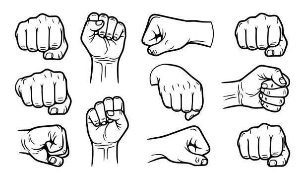 Clenched fist hand icon set punch gesture black and white cartoon vector illustration collection design