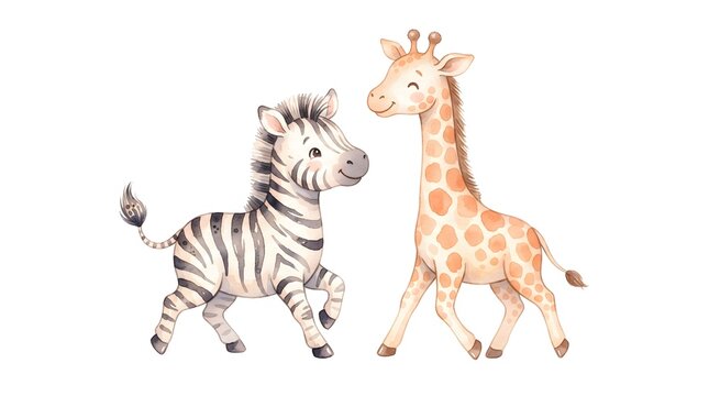A charming watercolor illustration of a baby zebra and giraffe standing together, symbolizing friendship and innocence.