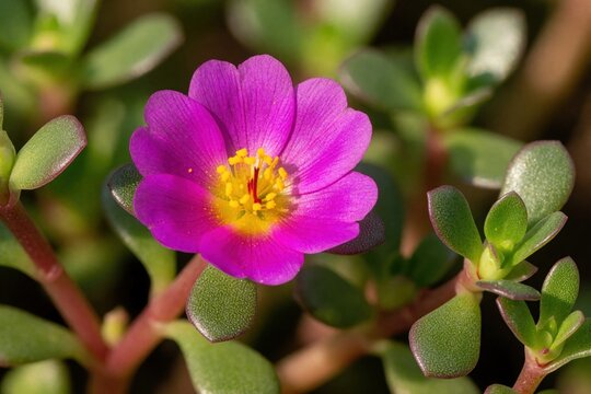 Vibrant pink purslane flower with yellow center blooms in garden. Succulent green leaves sprout from red stems. Healthy plant grows in summer sun.