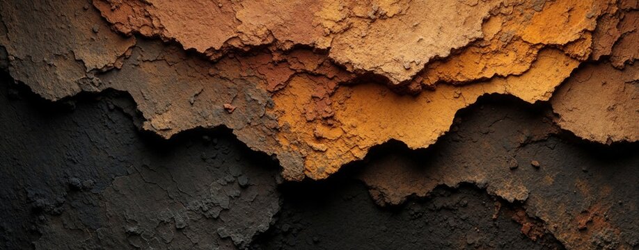 Abstract layered earth tones feature rough textures and cracked surfaces. Rich brown orange and black hues blend, creating a raw, organic, and aged feel, perfect for natural or grunge designs.