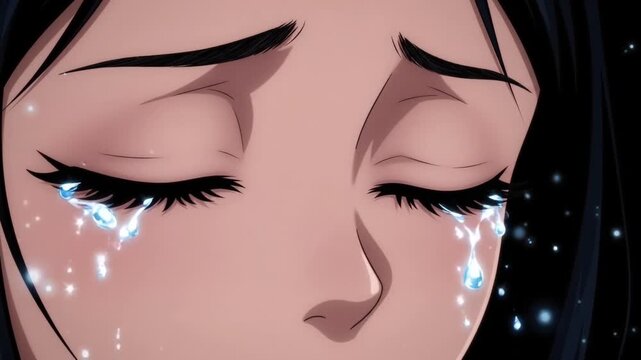 Sad Anime Girl Crying Tears Falling Close Up Portrait