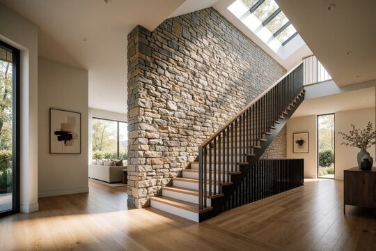 Spacious modern house interior features grand staircase and natural stone accent wall. Sunlight streams through skylights and large windows, illuminating wooden floors and minimalist decor.