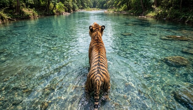 A majestic tiger stands in a clear river, facing away, surrounded by lush green vegetation. Its reflection and stripes are visible in the sparkling water.