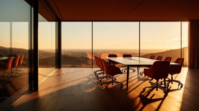 Modern boardroom with large windows viewing sunset landscape. Chairs surround conference table. Wood floor shows long shadows. Warm light fills room, creating calm atmosphere. Business meeting space.