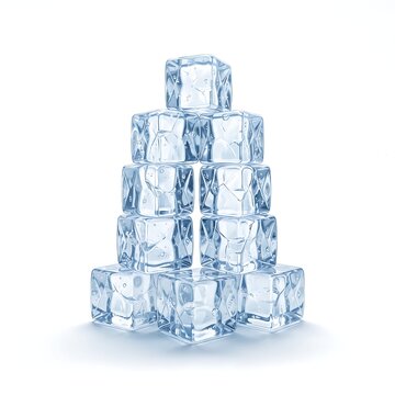 Transparent ice cubes stacked in a pyramid shape with inner bubble textures on a pure white background. Fresh, cold, and minimalist visual effect.