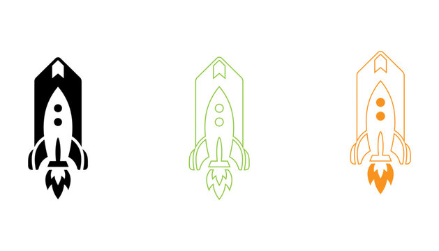 Modern stylized rocket icons in different colors with flames