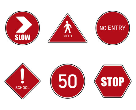 Set of Red Traffic and Road Safety Signs Vector Illustration Featuring Stop, Slow, Yield, No Entry, Speed Limit, and School Zone Symbols