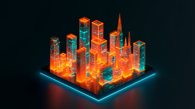 Futuristic isometric city skyline with glowing neon orange and cyan lights on a dark background