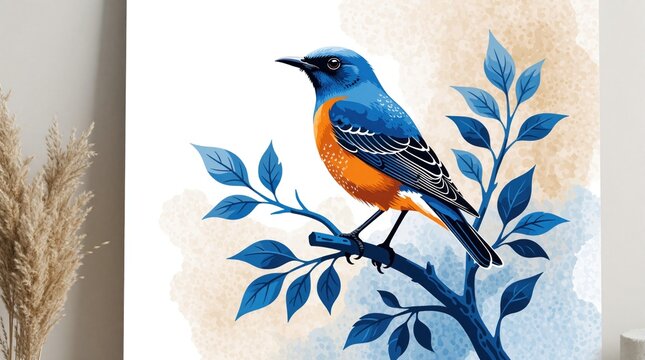Blue Rock Thrush bird sits on tree branch. Illustration shows colorful songbird with blue feathers, orange belly. Artistic nature design with blue leaves on white background for wildlife decor,
