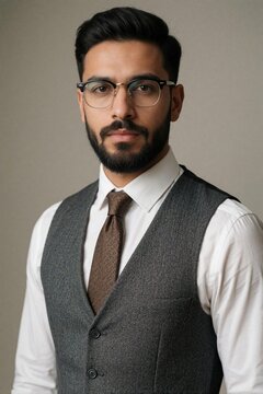 Young bearded man with glasses wears white shirt, brown tie, grey vest. Serious male pro looks at camera. TD manager business expert poses for portrait in office attire against neutral background.