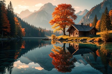 Naklejka premium Cozy wooden cabin near calm lake in autumn mountains. Large orange tree reflects in clear water. Scenic landscape with pine forest, high peaks under soft sunset sky. Peaceful nature view for travel