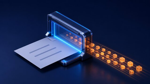 Futuristic document digitization process converting physical paper into a dynamic stream of glowing digital data blocks for advanced network storage.