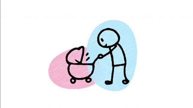 An animated hand-drawn parent pushing a baby stroller with a infant resting inside. Great for outdoor family walks, park routines, parenting lifestyle, and baby carriage equipment. 