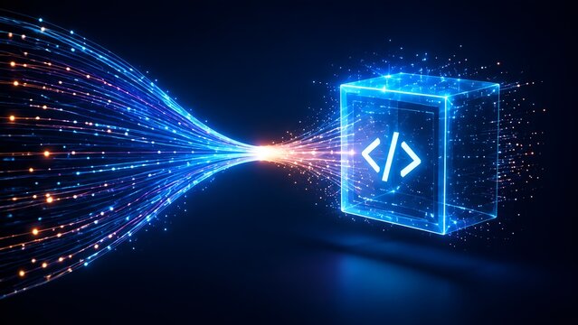 Glowing transparent software development cube with programming code symbol connecting to high speed digital fiber optic data stream in cyberspace.