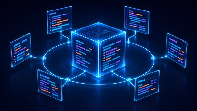 Futuristic isometric software architecture diagram featuring a central glowing data hub seamlessly connecting to multiple programming code interfaces.