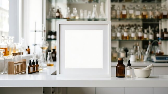 Minimalist white square frame mockup in laboratory, blank picture frame on science lab counter, clean medical research interior