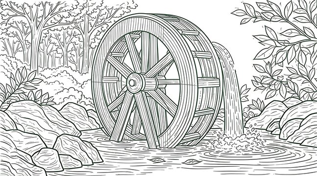Black and white line art of a large wooden waterwheel rotating in a river. Surrounded by rocks, dense trees, and bushes in a peaceful rural pastoral landscape.