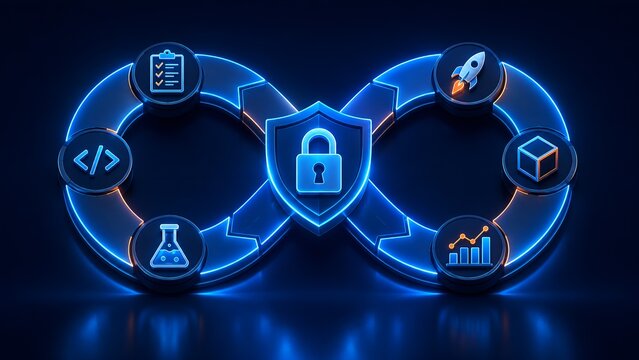 Futuristic glowing infinity loop diagram featuring digital icons representing the continuous DevSecOps software development lifecycle and secure automation workflow.