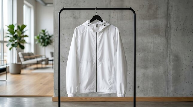 Minimalist white windbreaker mockup on black clothing rack. Modern hooded jacket in industrial loft interior. Clean apparel template.