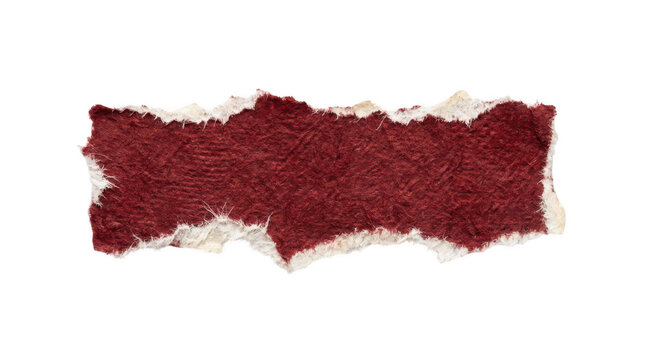 Red handmade paper strip with rough jagged fibrous edges isolated on transparent background