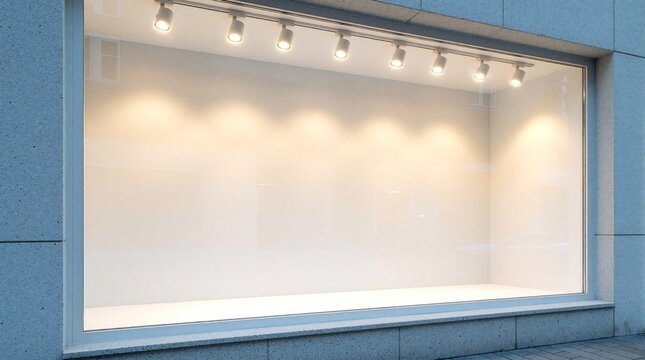 Empty retail shop window with blank white wall. Modern storefront features minimalist design, warm ceiling spotlight lighting. Contemporary glass display in urban building offers clean space for