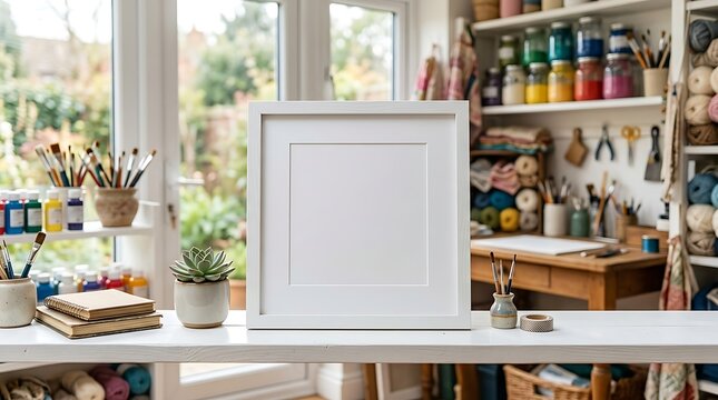 White square picture frame mockup in artist studio. Blank poster frame on workbench with art supplies. Creative workshop interior with brushes.