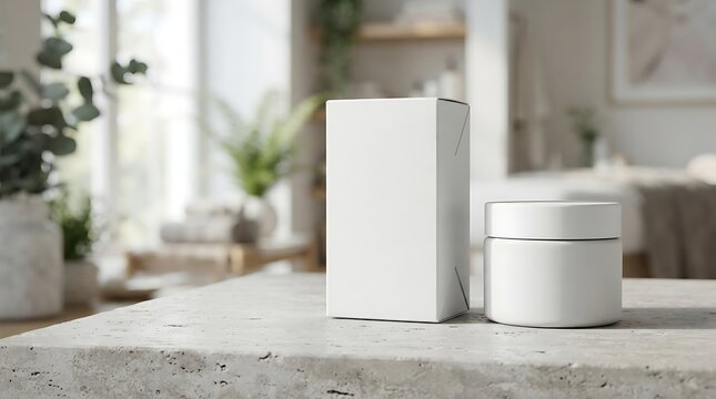 Minimalist white cosmetic packaging mockup, blank cream jar and cardboard box on stone table, organic skincare product display