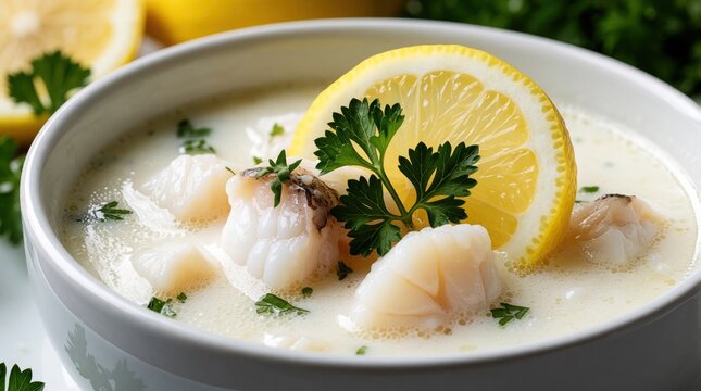 Creamy seafood chowder in white bowl, garnished with lemon slice and parsley. Thick bisque with fish chunks, rich sauce, aromatic herbs, delicious meal for cold day.