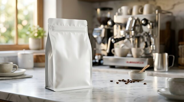 White coffee bag mockup on marble counter. Blank pouch packaging in cafe kitchen. Realistic coffee bean bag for branding.
