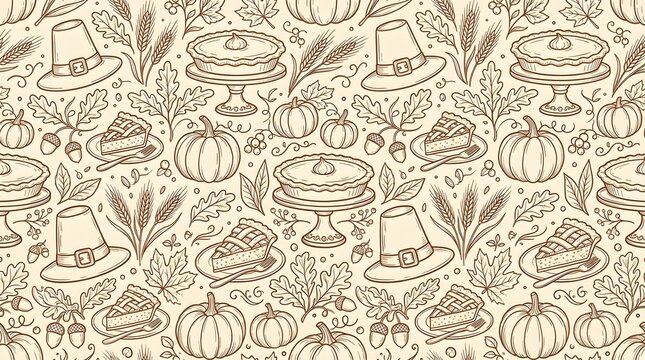 Seamless pattern with pilgrim hats, pumpkins, wheat, and pie slices in vintage handdrawn engraving style for thanksgiving holiday background